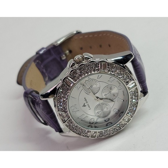 Louis Arden LA7258 Wrist Watch Purple Leather Band Crystal Bezel Japan Works! - Picture 3 of 16